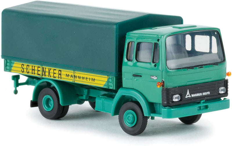 1971 Magirus MK Low-Side Deilvery Truck with Tarp Cover - Assembled -- Schenker Mannheim (green, yellow, German Lettering)
