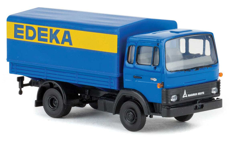 1971 Magirus MK Low-Side Deilvery Truck with Tarp Cover - Assembled -- Edeka (blue, yellow, German Lettering)
