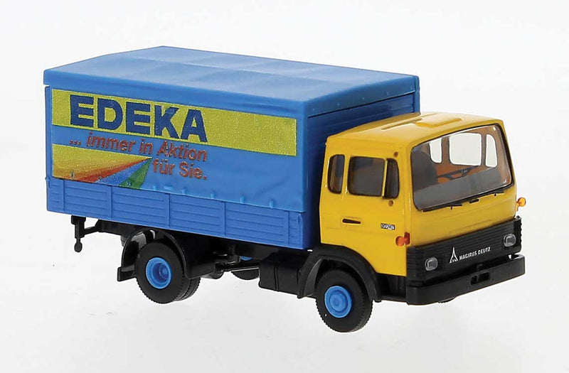 1971 Magirus MK Low-Side Deilvery Truck with Tarp Cover - Assembled -- Edeka (yellow, blue, German Lettering)