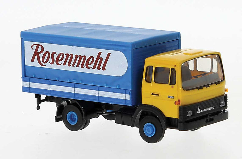 1971 Magirus MK Low-Side Deilvery Truck with Tarp Cover - Assembled -- Rosenmehl (yellow, blue, white, red, German Lettering)