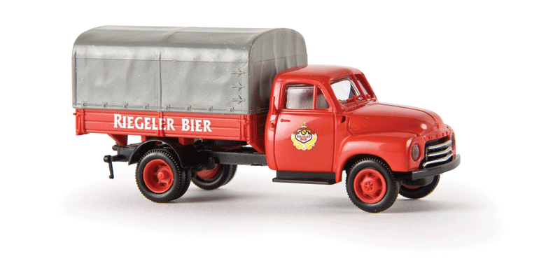 1953-1960 Opel-Blitz Low-Sided Delivery Truck - Assembled -- With Tarp Cover, Riegeler Bier (red, taupe, white, German Lettering)