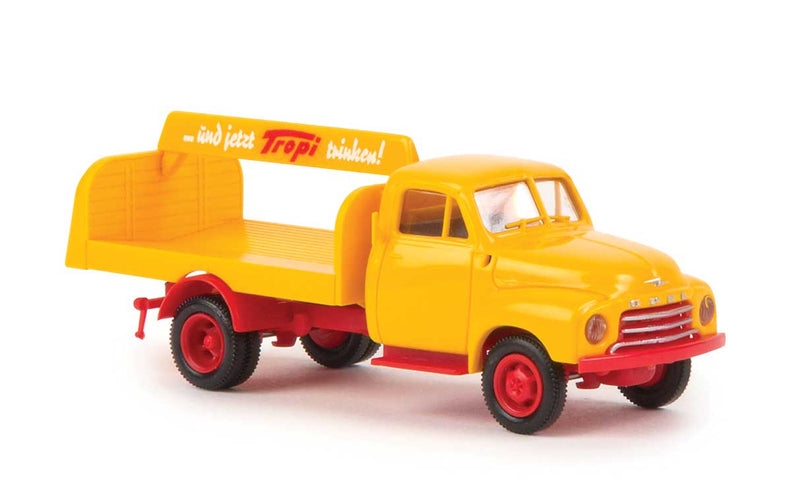 1953-1960 Opel-Blitz Low-Sided Bottle Delivery Truck - Assembled -- Tropi (yellow, red, German Lettering)
