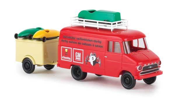 1953-1960 Opel-Blitz Kasten A Delivery Van with Trailer - Assembled -- 1959 Seifenkisten-Derby der Schweiz (red, black, German Lettering)
