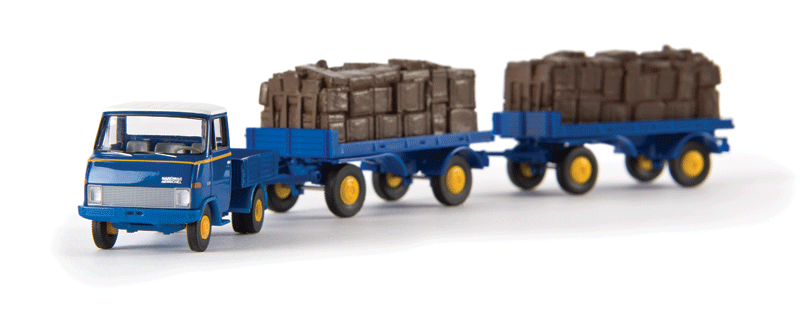 1967-1974 Hanomag-Henschel/Enser Pickup Truck - Assembled -- With 2 Trailers & Loads, Gepack (blue, yellow)-1