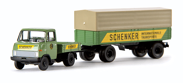 1967-1974 Hanomag-Henschel/Enser Tractor w/Low-Side Trailer - Assembled -- With Tarp-Covered Trailer, Schenker (green, yellow)-1