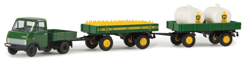 1967-1974 Hanomag-Henschel/Enser Pickup Truck - Assembled -- BP Gas (Two Low-Side Trailers; German Lettering)-1