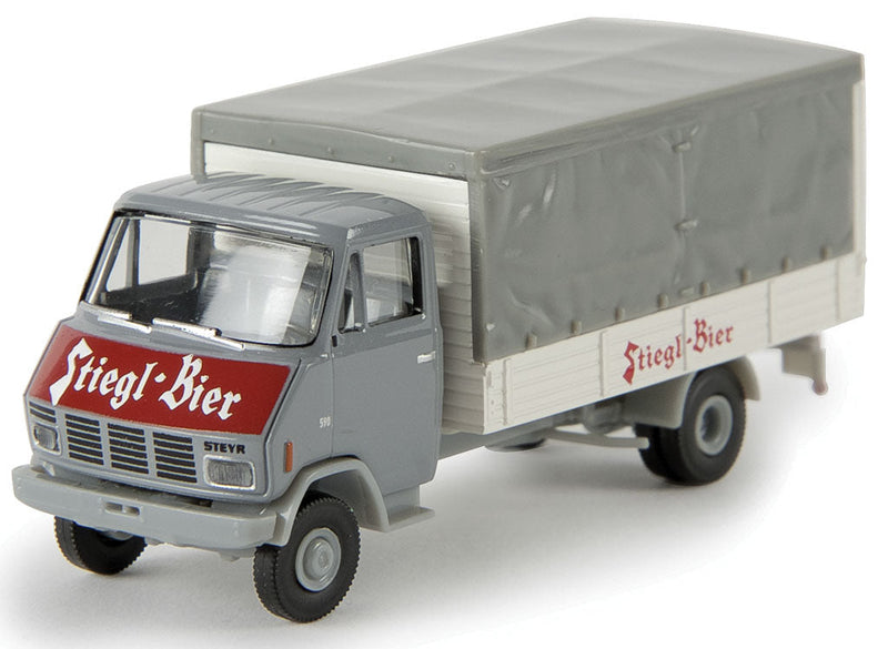 Steyr 590 Low-Side Delivery Truck w/Tarp Cover - Assembled -- Stiegl Bier (gray, red, white, German Lettering)