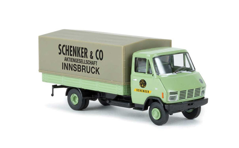 Steyr 590 Low-Side Delivery Truck w/Tarp Cover - Assembled -- Schenker Austria (green, gray, Assorted German Lettering Schemes)-1