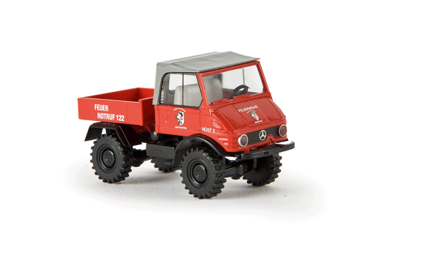Unimog 421 Convertible Heavy-Duty Pickup Truck - Assembled -- Mayrhofen Fire Department (red, gray, German Lettering)