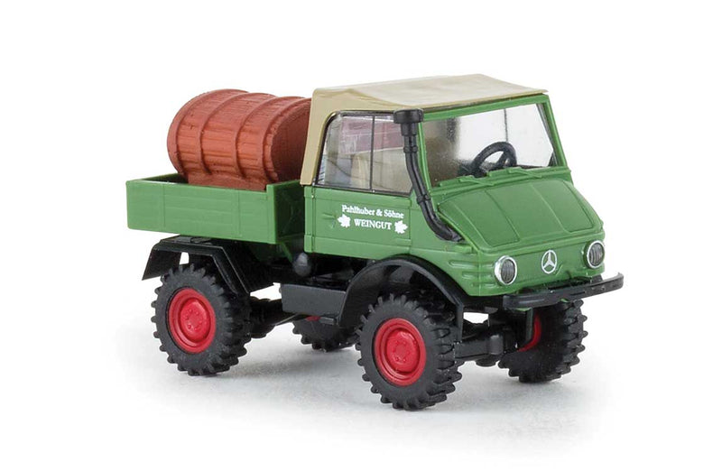 Unimog 421 Convertible Heavy-Duty Pickup Truck with Load - Assembled -- Palhuber (green, white, red, German Lettering)