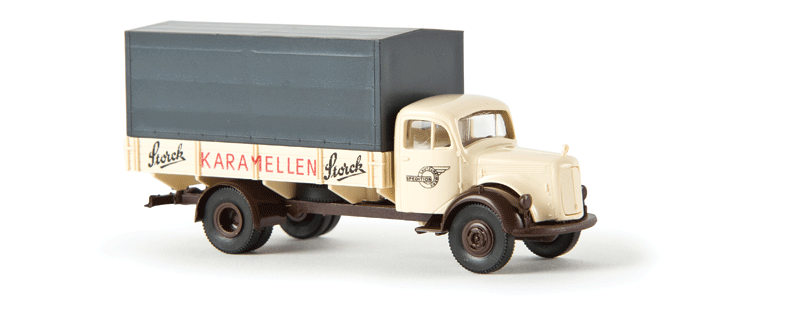 1950s Mercedes-Benz L 311 Low-Side Delivery Truck - Assembled -- With Canvas Cover, Lautz/Storck (cream, black, red, gray, German Lettering)