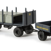 Magirus Mercur Low-Side Truck w/Trailer & Load - Assembled -- German Federal Railways DB (gray, yellow, German Lettering)