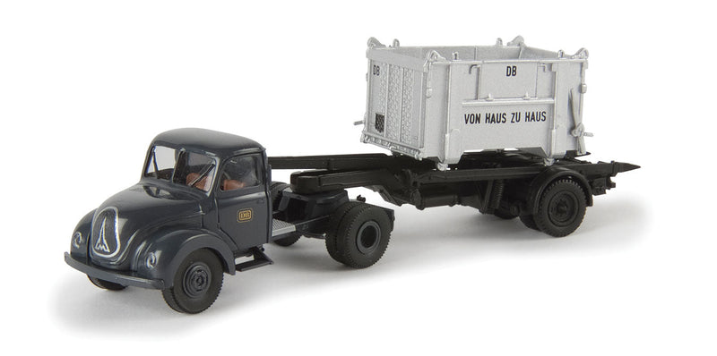 1950s Magirus Mercur Tractor w/LCL Container Trailer - Assembled -- German Federal Railroad DB (black w/gray Container, German Lettering)