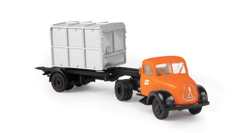 1950s Magirus Mercur Tractor w/Loaded LCL Container Trailer - Assembled -- Austrian Railways OBB (orange, black w/silver Closed Container)