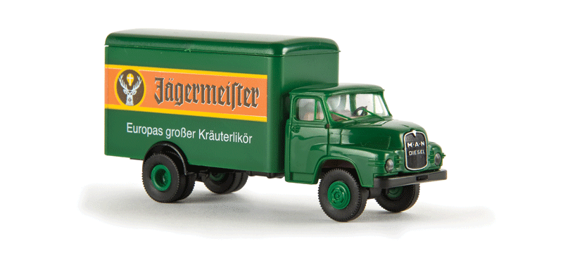 1955-1969 MAN 635 Box Body Delivery Truck - Assembled -- Jagermeister (green, orange, yellow, German Lettering)