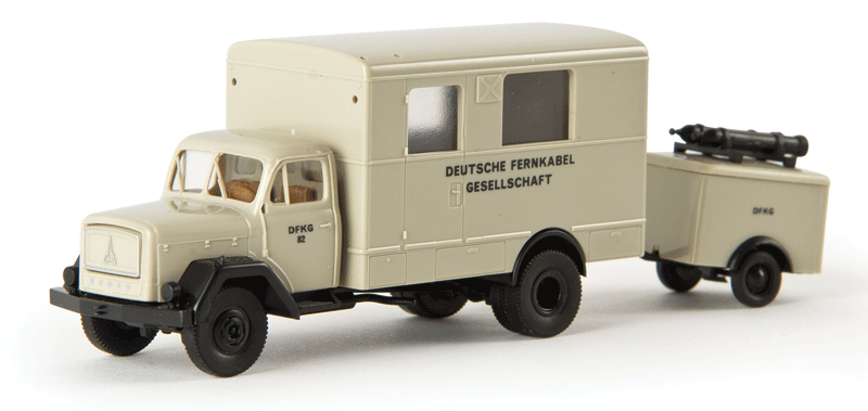 1950s Magirus 125 Eckhauber Box Body Truck w/Small Trailer - Assembled -- DFKG (gray, black, German Lettering)