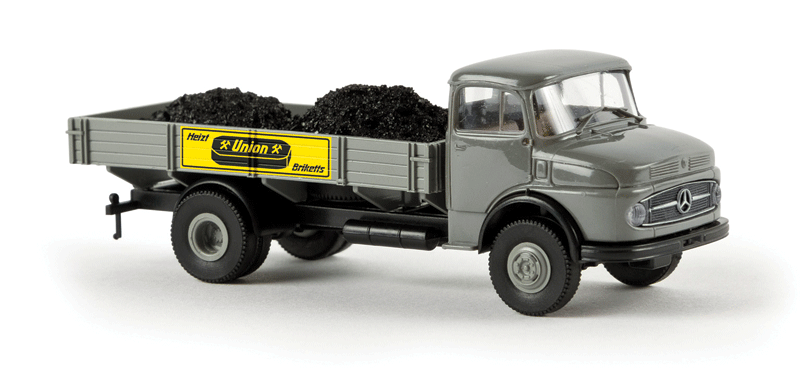 1950s Mercedes-Benz L 322 Low-Sided Delivery Truck w/Coal Load - Assembled -- Union Briketts (gray, yellow, German Lettering)