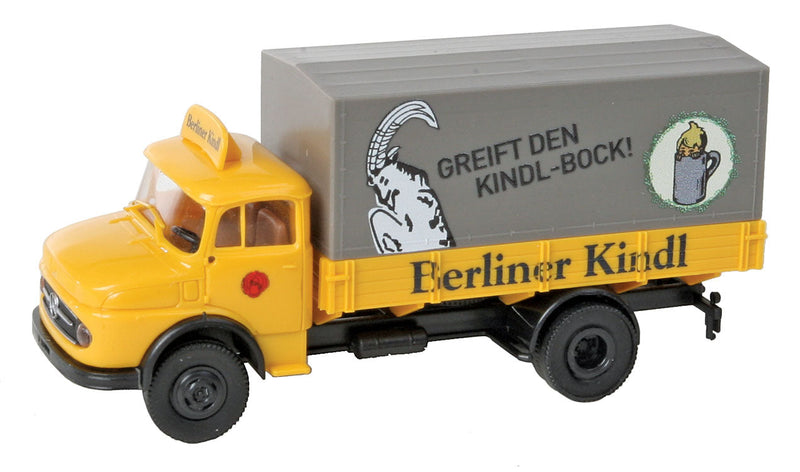 1950s Mercedes-Benz L 322 Low-Sided Delivery Truck - Assembled -- Berliner-Kindl-Bockbier (yellow, green, gray Canvas, German Lettering)