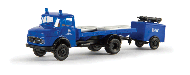 1950s Mercedes-Benz LA 322 Flatbed Delivery Truck - Assembled -- With Trailer, THW (blue, white, German Lettering)