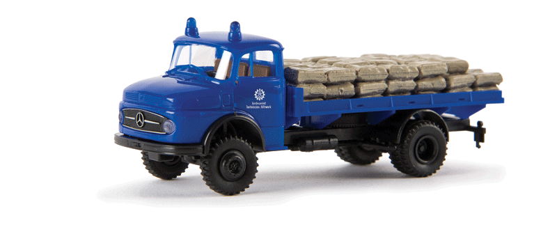 1950s Mercedes-Benz L 322 Low-Sided Delivery Truck - Assembled -- With Sandbag Load (THW, blue, white, German Lettering)