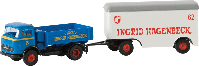 Mercedes-Benz LP 328 Open-Bed Delivery Truck w/Closed Trailer - Assembled -- Circus Ingrid Hagenbeck (blue, yellow, red, German Lettering)