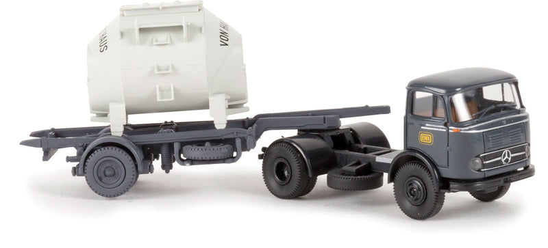 Mercedes-Benz LP 338 w/LCL Trailer & Load - Assembled -- German Federal Railroad DB (gray, yellow, German Lettering)