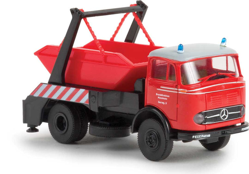 Mercedes-Benz LP 338 Skip Loader & Bin - Assembled -- Branddirektion Mannheim (red, white, German Lettering)