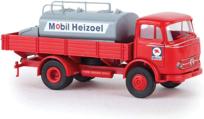 Mercedes-Benz LP 328 Low-Side Delivery Truck with Tank Load - Assembled -- Mobil Heizoel (red, gray, German Lettering)