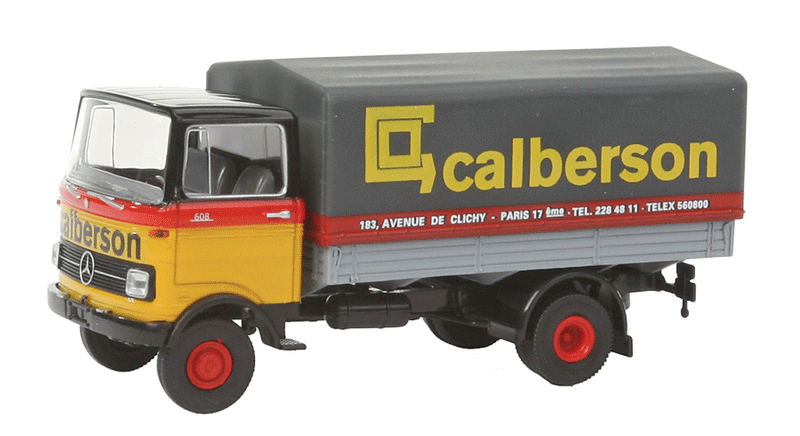 1965-1984 Mercedes-Benz LP 608 Low-Sided Delivery Truck - Assembled -- Calberson Paris (gray, yellow, French Lettering)