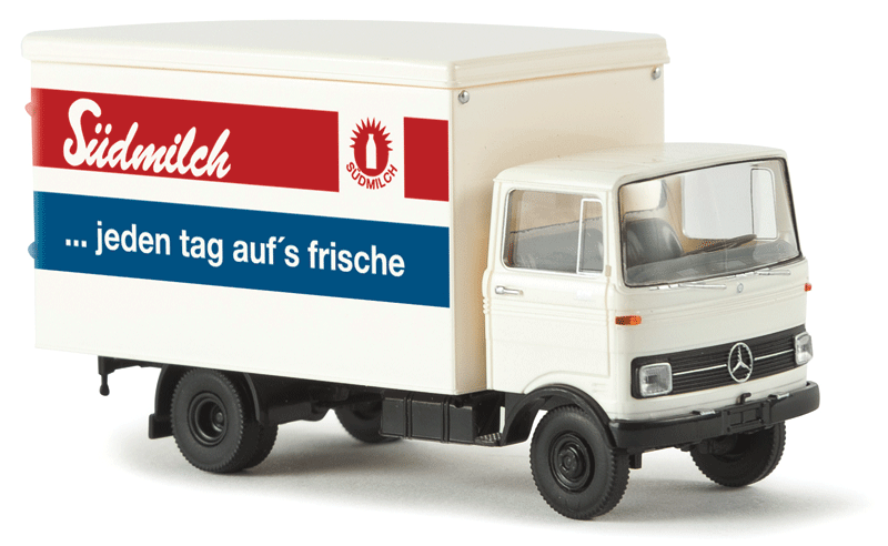 1965-1984 Mercedes-Benz LP 608 Box-Body Delivery Truck - Assembled -- Submilch (white, blue, red, German Lettering)