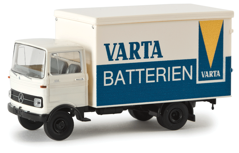1965-1984 Mercedes-Benz LP 608 Box-Body Delivery Truck - Assembled -- Varta Batteries (blue, white, yellow, German Lettering)