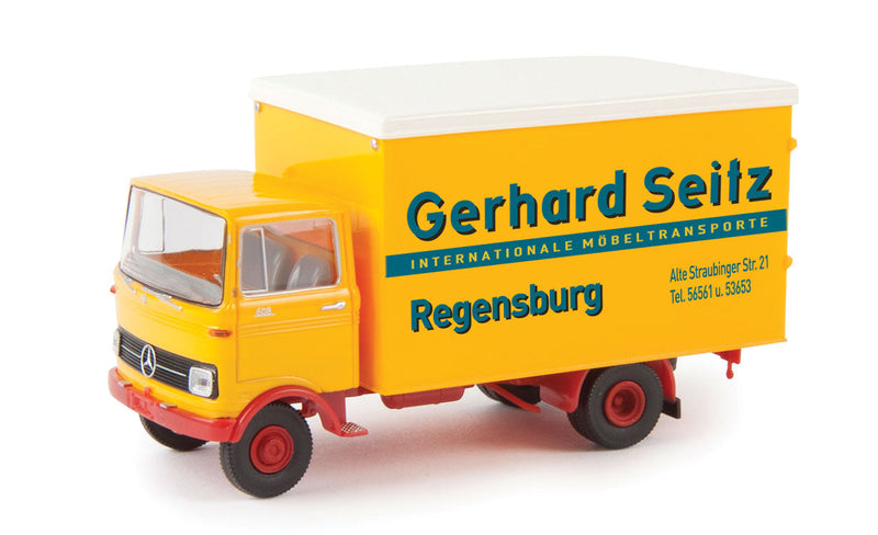 1965-1984 Mercedes-Benz LP 608 Box-Body Delivery Truck - Assembled -- Gerhard Seitz (yellow, blue, red, German Lettering)