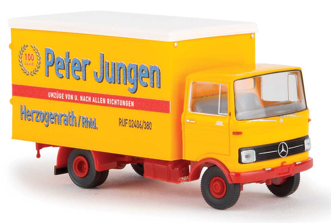 1965-1984 Mercedes-Benz LP 608 Box-Body Delivery Truck - Assembled -- Peter Lahaye Aachen (yellow, black, red, German Lettering)