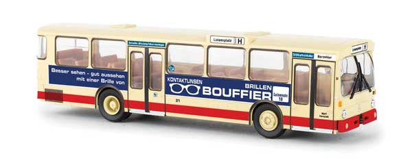 1969-1970s Mercedes-Benz O 305 City Bus - Assembled -- Darmstadt, Germany (ivory, red, blue Bouffier Ad, German Lettering)