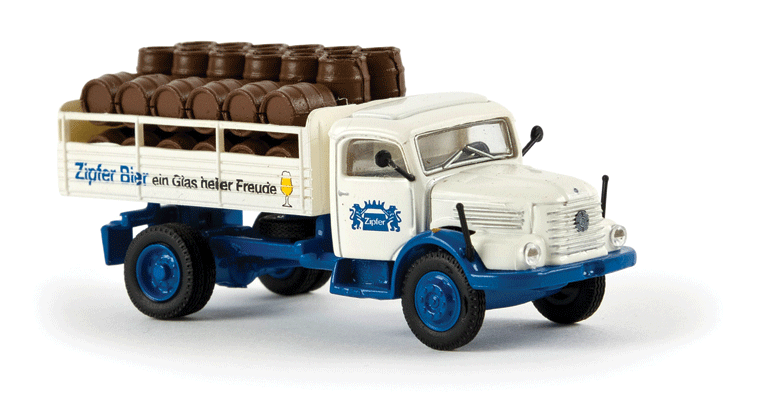 1955-1968 Steyr 380/II Low-Side Delivery Truck - Assembled - Starline -- With Barrel Load, Zipfer Bier (white, blue, German Lettering)-1