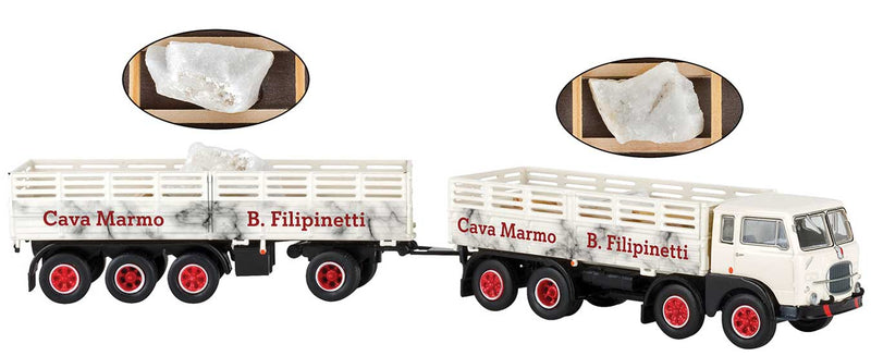 1960s Fiat 690 Millepiedi Boffo Low-Side Truck and Trailer - Assembled -- Cava Marmo B. Filipinetti (white, red, Marble Load)