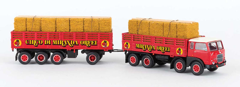 1960s Fiat 690 Millepiedi Boffo Low-Side Truck, Trailer and Hay Load - Assem -- Circo di Miranda Ofrei (red, yellow, Italian Lettering)