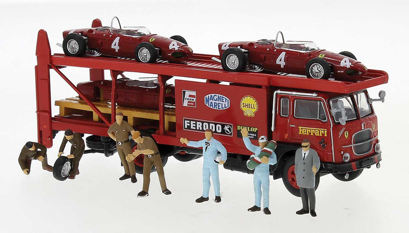 Racing Team Set - Fiat 642 Auto Carrier Truck, 2 Ferrari Race Cars, Figures -- Red Vehicles, 7 Figures