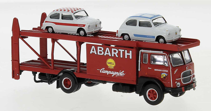 Flat 642 Auto Transport Truck with 2 Fiat Autos - Assembled -- Abarth, Shell, Campagnolo (red, white, Italian Lettering)