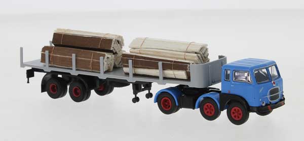 1960s Fiat 690 T Tractor with Flatbed Trailer and Load - Assembled -- Blue, Gray, Red