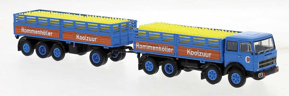 1960s Fiat 691 Millepiedi Low-Side Cage Truck and Trailer - Assembled -- Rommenholler (blue, red, black, Dutch Lettering)