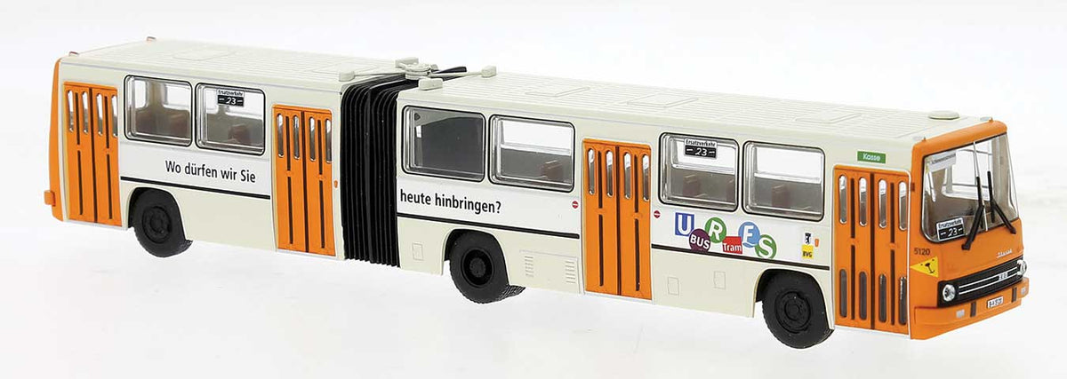 1985 Ikarus 280.02 Articulated Bus - Assembled -- BVG, Germany (cream, orange, white, Eigenwerbung Ad, German Lettering)