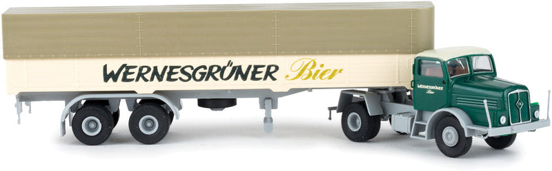 IFA Z 6 Truck Tractor with Low-Side Trailer and Tarp - Assembled -- Wernesgruner Bier (beige, green, ivory, German Lettering)