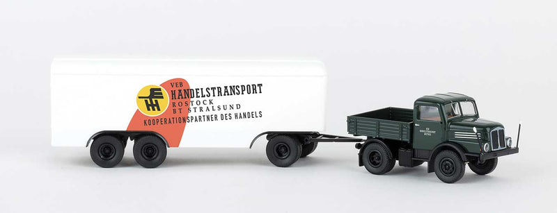 1960 IFA S 4000-1 Heavy-Duty Low-Side Tractor with Van Trailer - Assembled -- VEB Handelstransport Rostock (green with white and orange Trailer, German Le