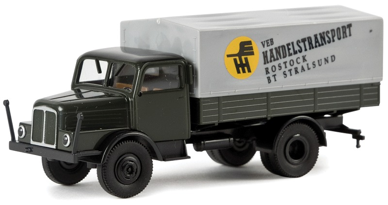 IFA S 4000-1 Low-Side Truck w/Tarp Cover - Assembled -- VEB Handelstransport Rostock (black, yellow, gray, German Lettering)-1