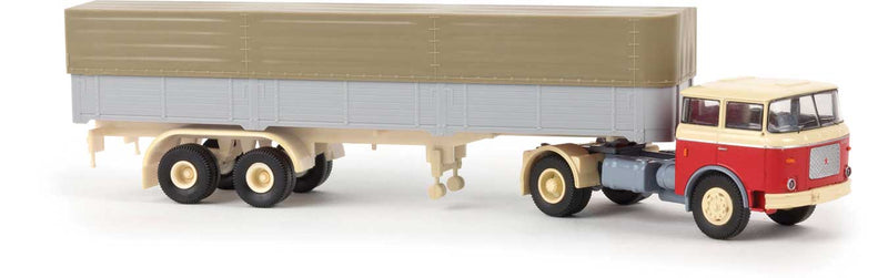 1957-1987 Skoda-LIAZ 706 Tractor with Low-Side Trailer & Tarp - Assembled -- Red, Ivory, Gray