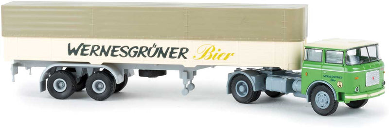 1957-1987 Skoda-LIAZ 706 Tractor with Low-Side Trailer and Tarp - Assembled -- Wernesgruner Bier (green, ivory, beige, German Lettering)