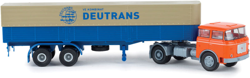 1957-1987 Skoda-LIAZ 706 Tractor with Low-Side Trailer and Tarp - Assembled -- Deutrans (orange, blue, beige, German Lettering)