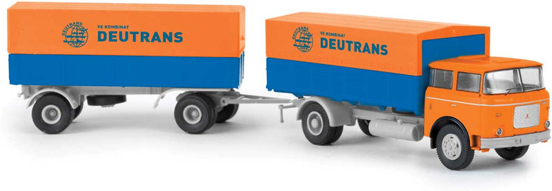 1957-1987 Skoda-LIAZ 706 Low-Side Truck with Trailer and Tarp - Assembled -- Deutrans (blue, orange, German Lettering)