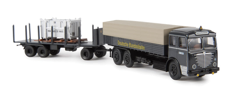 1951 Bussing 12000 Low-Side Truck w/Cover & LCL Container Trailer - Assembled -- German Federal Railroad DB (black, German Lettering)